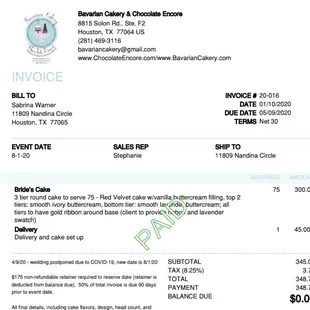 Invoice showing a $45 dollar delivery fee even. We were not refunded this yet, even though we picked it up.