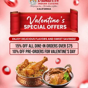 Valentine's Special Offers! 

Celebrate love with irresistible flavors and sweet savings! 

 15% OFF all dine-in orders over $75