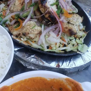 Chicken kabob and chicken tikka masala.