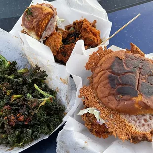 Bawk bawk burger, kale chips, yelp elite (slider and popcorn chicken)
