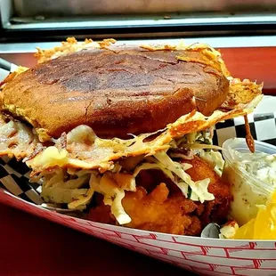Crispy Cheese Fish Sando - OMG SO Delicious!  Tarter sauce Cole slaw, crispy cheese, soft bun, huge piece of fish!