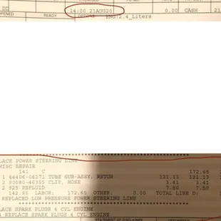 (Picture 2/3) Shows that Baxter replaced the power steering line and spark plugs in Aug 2020.