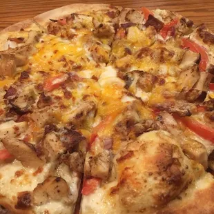 Bacon chicken ranch pizza.