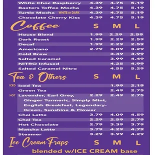 Coffee, Tea and Blended drinks Menu