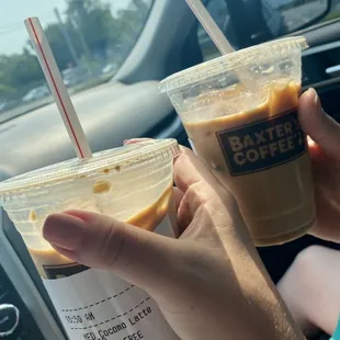 Iced sugar free cocomo latte, breve, 4 extra shots of espresso &amp; iced white mocha Cappuccino with coffee cubes