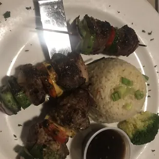 Beef K Bob, grilled steak, vegetables and rice.