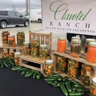 Clawtel Ranch sliced pickled jalapeños, whole jalapeños and pickled carrots.