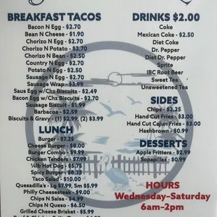 a menu for breakfast tacos