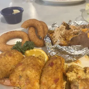 Stuff Shrimp with crabmeat baked sweet potato and hush puppies