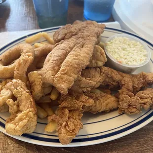 Three Item Combination (Grouper, Fried Chicken Tenders, and Jumbo Shrimp) with French Fries