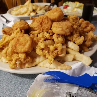 Crispy, not soggy clam strips and scallops