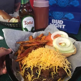 Tiger burger - hot sausage patty, hamburger patty, and tiger sauce. Protein and some carbs for that post workout hunger pangs.