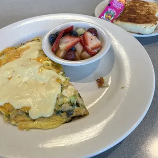 Seafood omelette (comes topped with hollandiase), I subbed fruit for hashbrowns