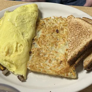 Sausage Omelette, hash browns and toast