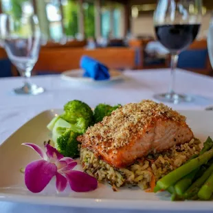 a plate of food and wine glasses
