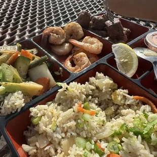 Fried rice: definitely not fried, NO SEASONING, dry shrimp, and unseasoned steak.