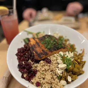 Beets by the bay with blackened salmon