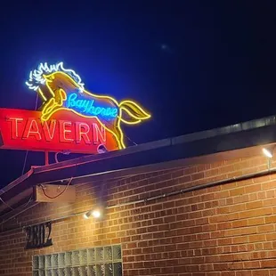 Recently restored neon sign at Bayhorse Tavern