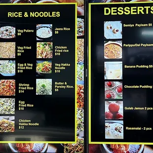a menu for rice noodles and desserts
