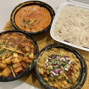 Butter chicken, tikki chaat, aloo gobi