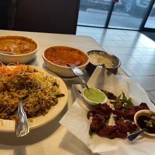 Chicken biryani, chicken 65, butter chicken, mutter paneer