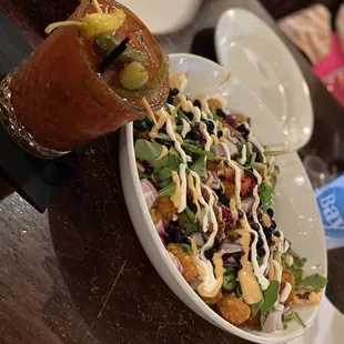 Loaded tots and Bloody Mary