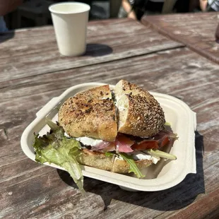 Lox and cream cheese on everything bagel