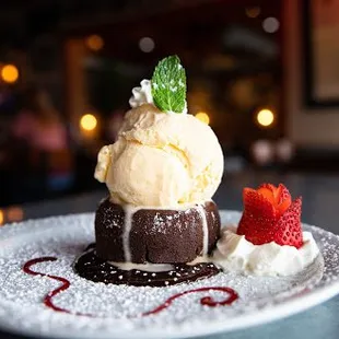 Don&apos;t forget dessert! Gluten free chocolate lava cake served al a mode!