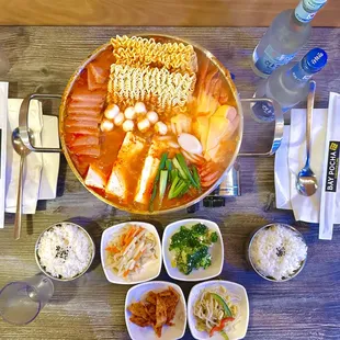 Army stew aka. BudaeJjigae
Hallasan Soju
And banchan (side dish)