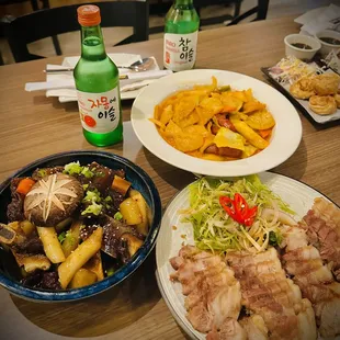 Grapefruit Soju, Original Soju, braised beef short ribs, rose rice cake, braised pork belly