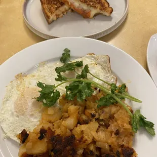 Eggs over easy and my friend's grilled cheese