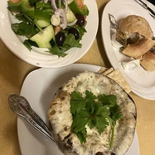 French Onion Soup, Fettuccine Alfredo, salad