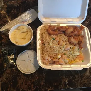 My order tonight: Shrimp Fried Rice with fried shrimp and mashed potatoes.