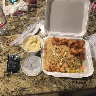 My order tonight: Shrimp Fried Rice with fried shrimp and mashed potatoes.