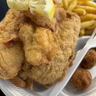 Trout with no bone,  fries &amp; e shrimp with 3 hush puppies