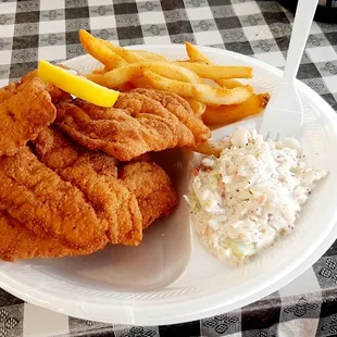 3 piece fried catfish with fries and Cole slaw