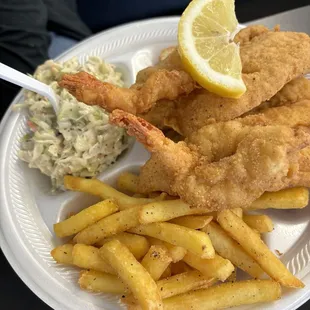 Two Piece Catfish and 2 Shrimps with Fries with Coleslaw