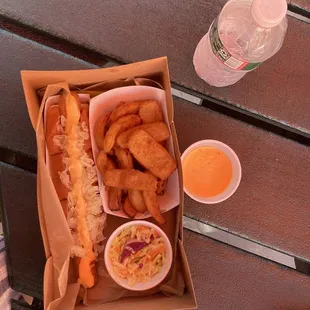 Reuben dog, Asian slaw, onion petals.