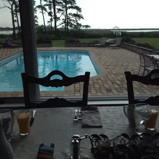 Breakfast view overlooking the pool and bay.