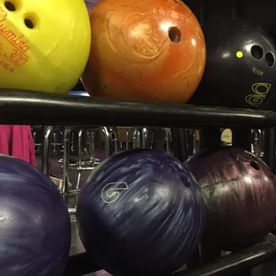 a row of bowling balls
