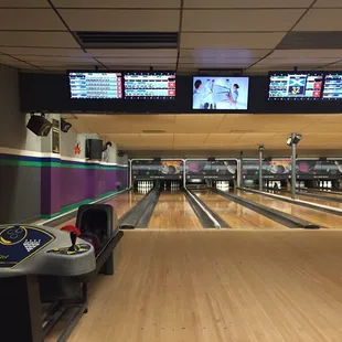a bowling alley with bowling lanes