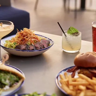 plates of food and drinks