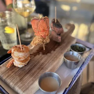 This was a combination of grilled shrimp, breaded lobster and steak.  The presentation was "interesting", but tasty very good.
