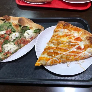 Margarita slice and XL Buffalo Chicken slice.