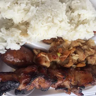 Sisig, chicken kabob, and longanisa
