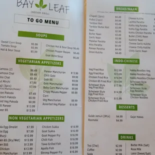 To go menu/ restaurant menu (they don&apos;t have a separate menu since covid)