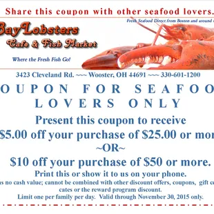 $5.00 off $25.00+ OR $10.00 off $50.00+! Offer only valid through November 30, 2015. Must present this coupon in either print...