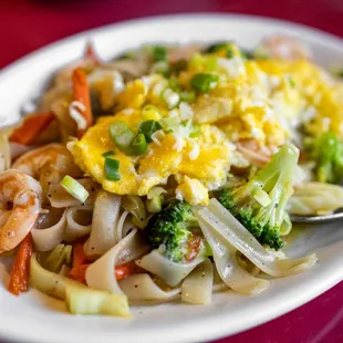 Cha Me Kathang ($15) Choice of Protein (Tofu, Shrimp, Pork, Chicken, or Tofu) w/ Flat Noodle, Cabbage, Broccoli and topped w/ a &quot;Fried&quot; Egg
