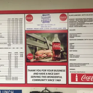 The menu beside the ordering counter, as of late June 2019.  The other customers told me the roast beef and shrimp po&apos;boys were the best!