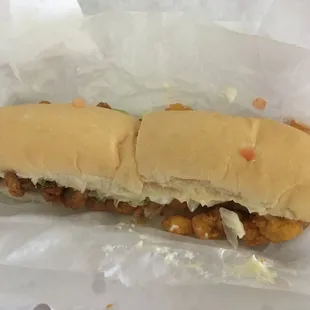 Half-shrimp/half-oyster po&apos;boy.  Crunchy, soft, steamy, seasoned deliciousness!